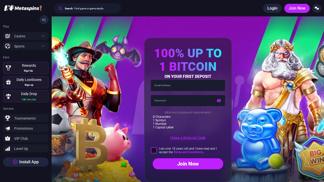 Captura de la oferta de bienvenida de Metaspins Casino